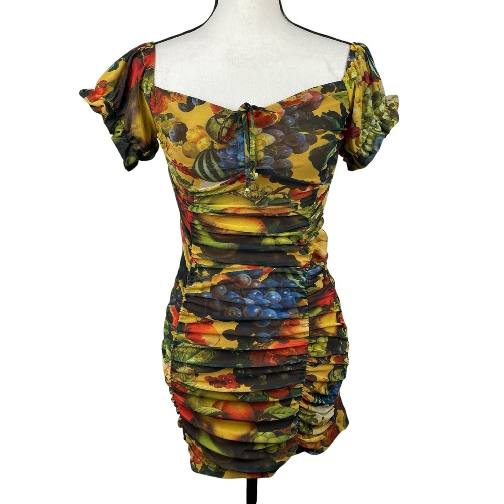Urban Outfitters Women's Mini Dress Medium Fruit Print Mesh Ruched Bodycon Y2K